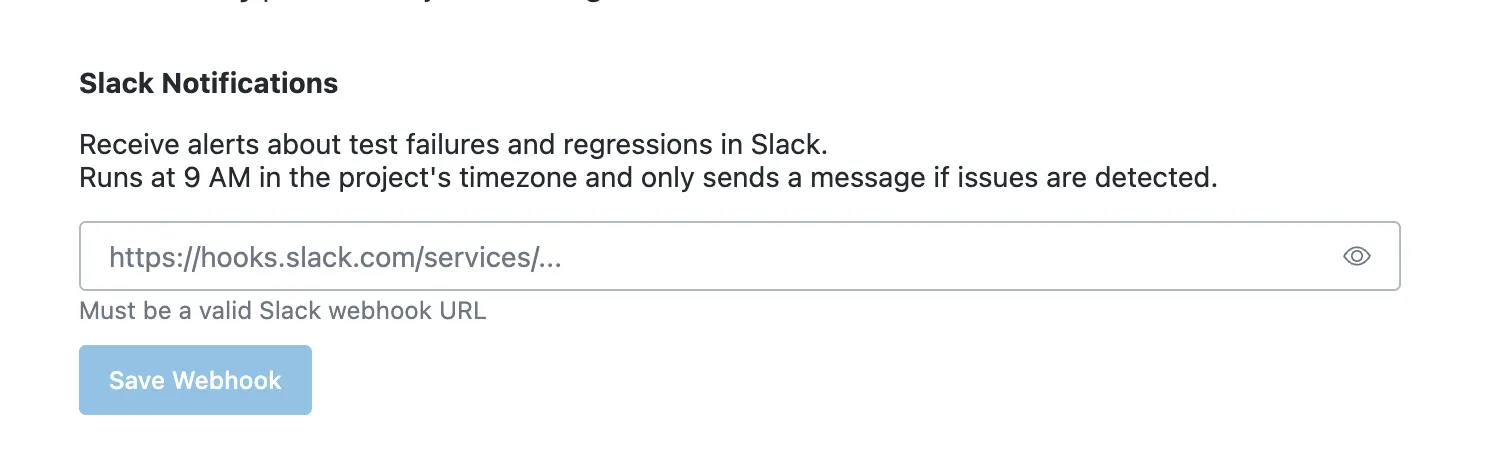 Slack webhook configuration in project settings
